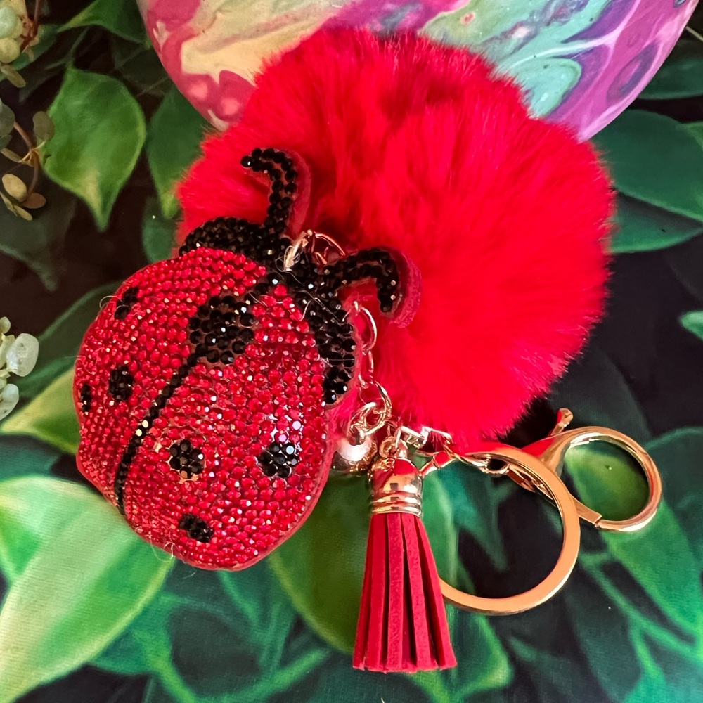 Rhinestone Ladybug with Red Pom Pom & Tassel/Gold Ball - Purse Charm / Key Charm